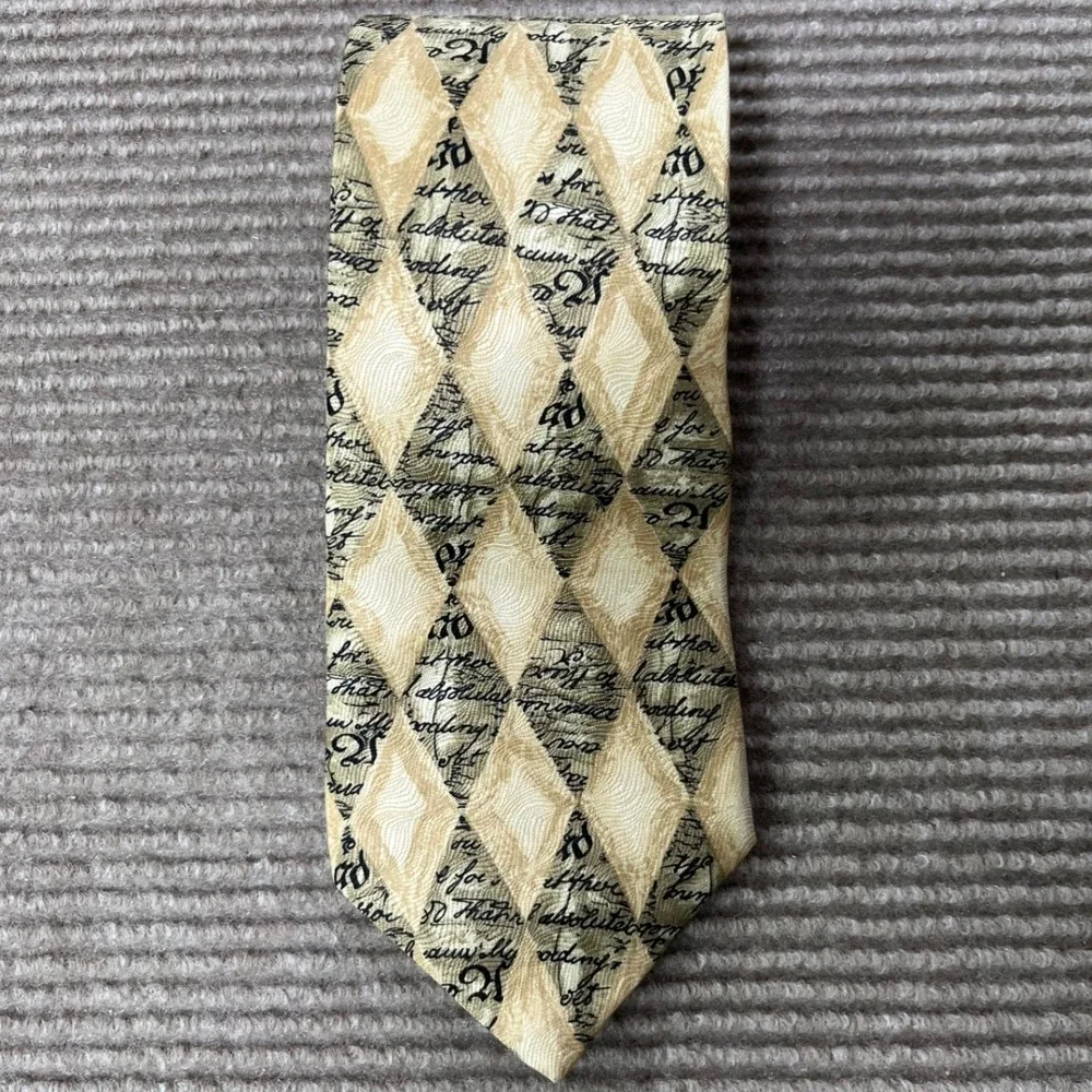Structure Silk Tie Mens Cream Olive Green Argyle Script Calligraphy Made in‎ USA